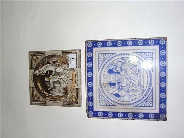 Appraisal: THREE MINTON TILES blue and white of Antony Cleopatra after