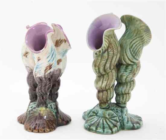 Appraisal: Two Majolica Bud Vases each having three sections in the