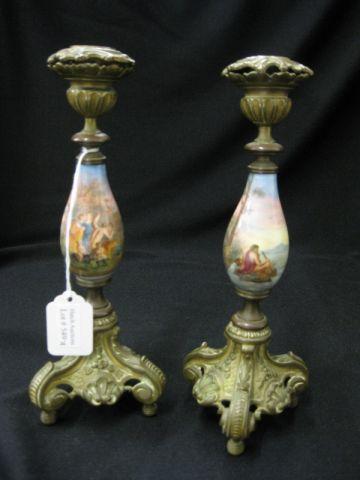 Appraisal: Sevres Style Victorian Candlesticks bronze and handpainted classical scenes with