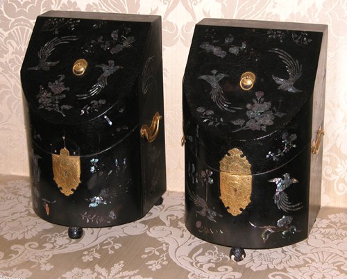 Appraisal: Title Pair Victorian Mother-of-Pearl Inlaid Paper Mache Cutlery Boxes interior