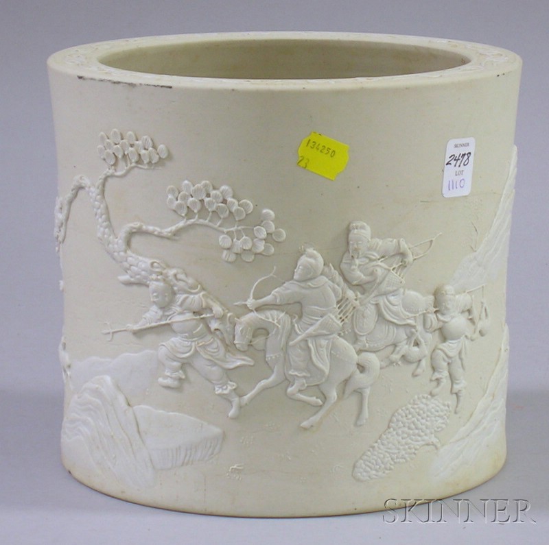 Appraisal: Relief-decorated Bisque Vessel featuring scenes from a hunt ht dia