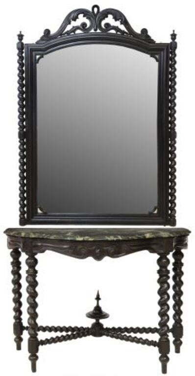 Appraisal: Continental black painted console table and mirror th c scrolling