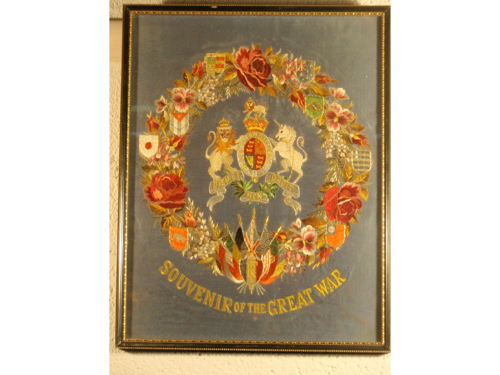 Appraisal: A souvenir of The Great War silk panel with floral