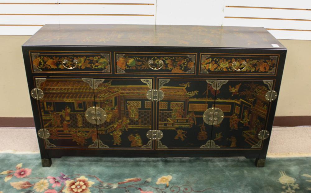 Appraisal: CONTEMPORARY CHINESE EXPORT BUFFET polychrome pictorial decoration on black lacquer