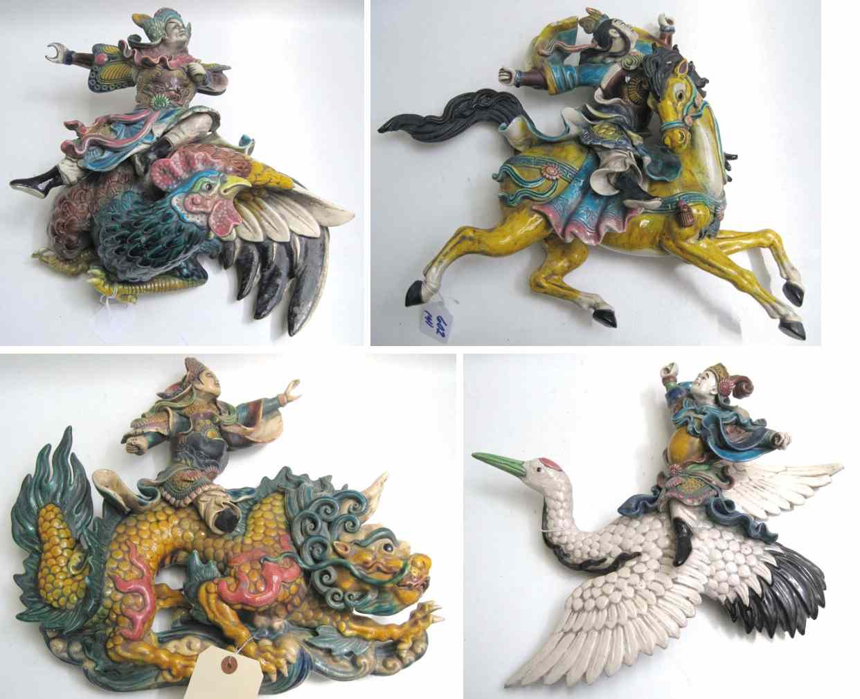 Appraisal: FOUR CHINESE POTTERY FIGURAL ROOF TILES WALL PLAQUES each with