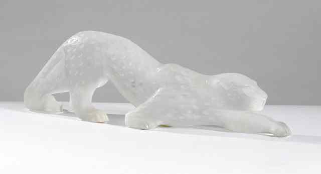 Appraisal: LALIQUE FRANCE GLASS LEOPARD SCULPTURE frosted glass the spotted leopard