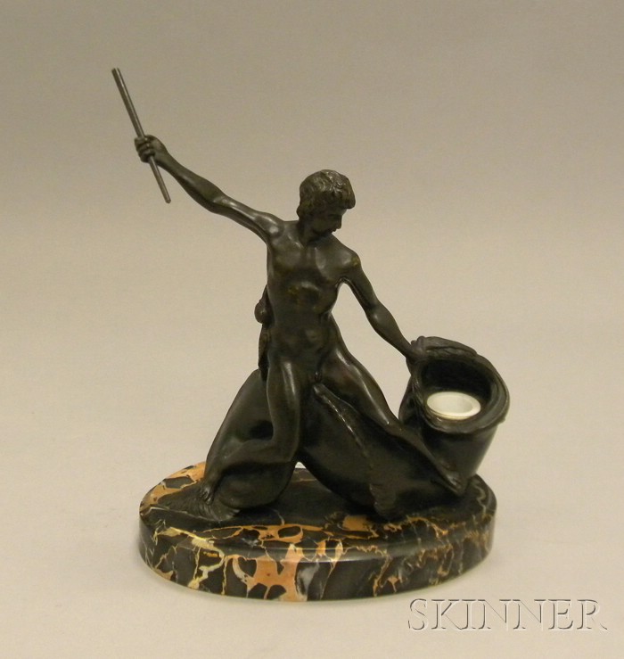 Appraisal: Patinated Bronze Battling Sea Serpent Figural Inkwell with Marble Base