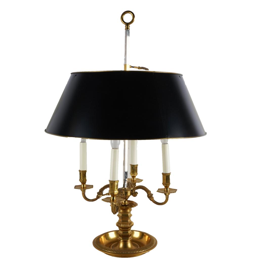 Appraisal: BRASS BOUILLOTTE LAMPwith four candle arms and black-painted tole shade