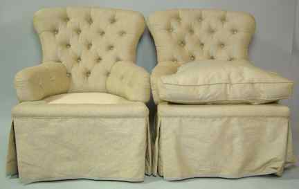 Appraisal: PAIR OF UPHOLSTERED BLUE DAMASK TUFTED CLUB CHAIRS with arched