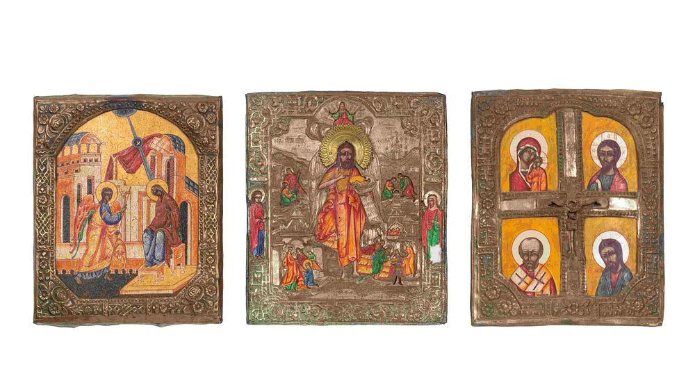 Appraisal: Three Russian Brass Oklad Mounted Polychrome Painted Icons Three Russian