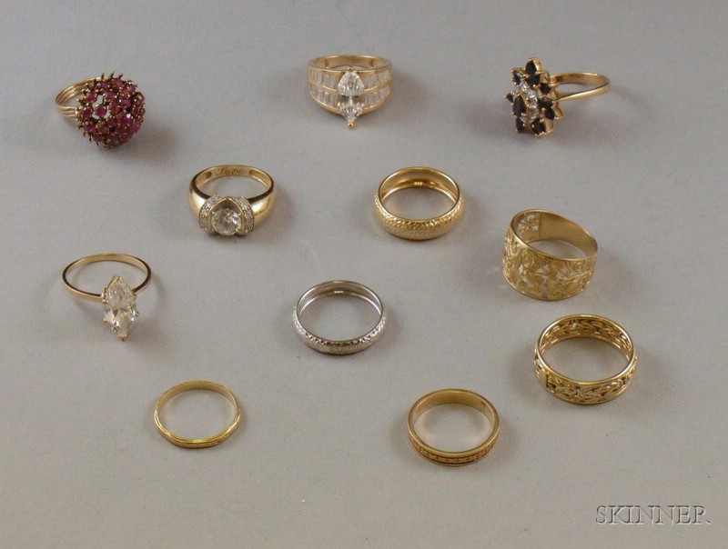 Appraisal: Eleven kt Gold Rings some gem-set some paste