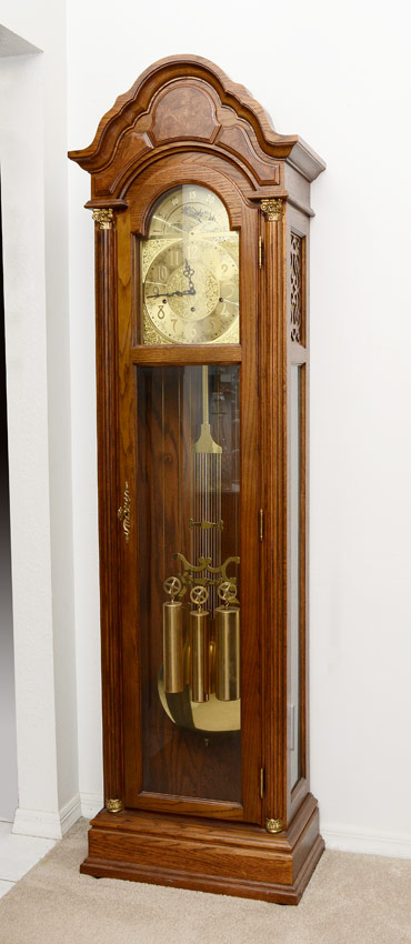 Appraisal: PEARL TRIPLE CHIME GRANDFATHER CLOCK Wood case with burl veneer