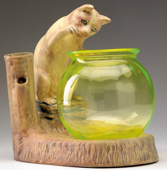 Appraisal: WELLER Muskota cat figurine with tree-trunk bud vase and vaseline