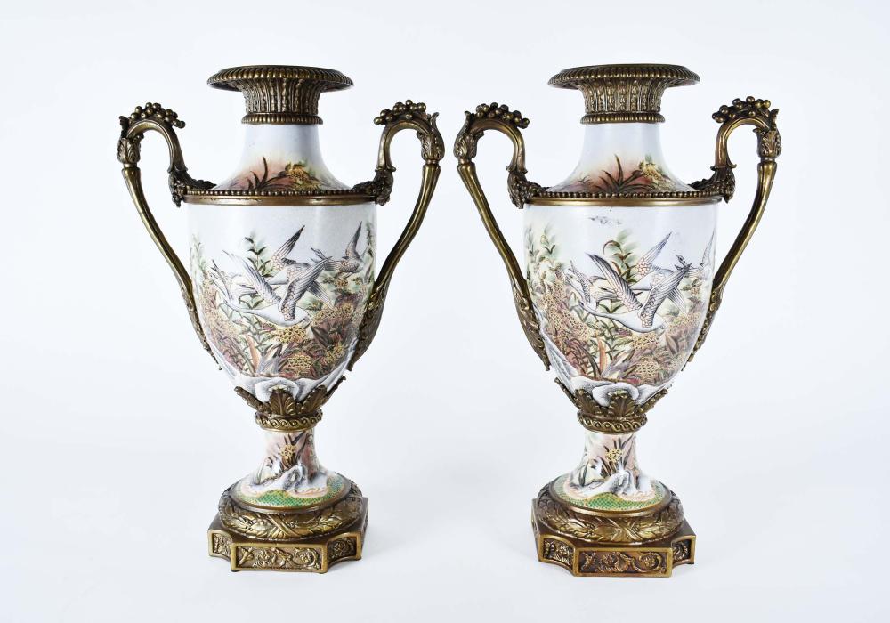 Appraisal: PAIR NEOCLASSICAL STYLE BRONZE-MOUNTED URNSModern Each of campagna form with