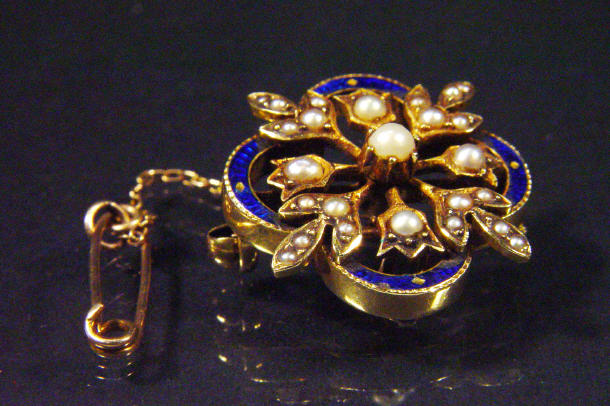 Appraisal: Gold blue enamel seed pearl bar brooch