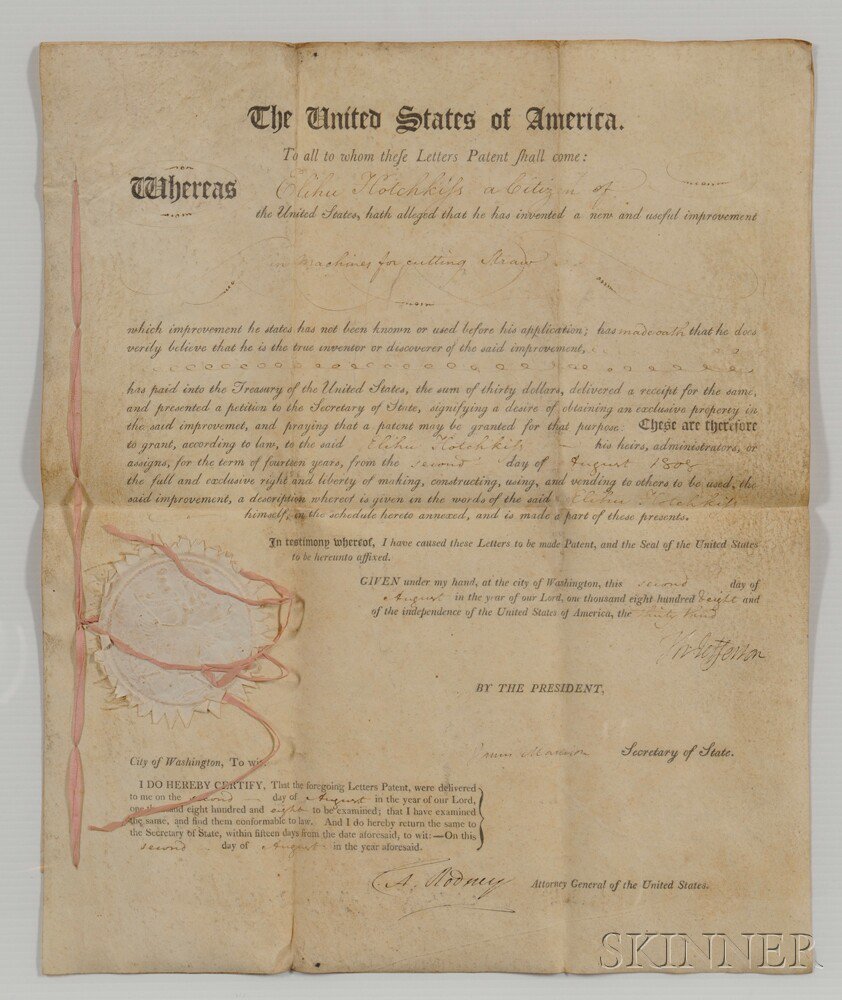 Appraisal: Jefferson Thomas - Letters Patent Signed August Two partially printed