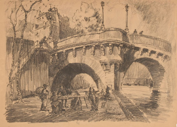 Appraisal: Howard Leigh American - European architectural scene bridge with figures