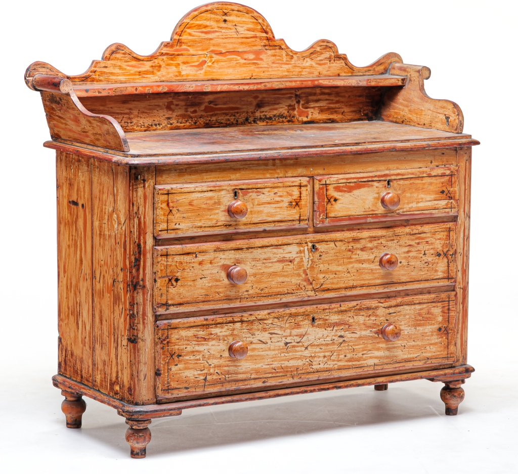 Appraisal: AMERICAN PAINT-DECORATED SERVER Second half th century pine High-shaped gallery