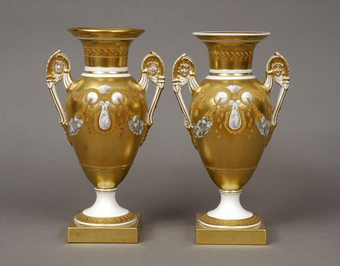 Appraisal: Near Pair of Paris Porcelain-Style Gilt and Grisaille Decorated Vases