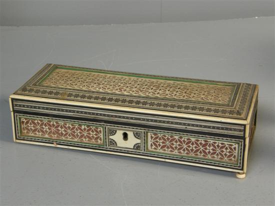 Appraisal: Indian ivory inlaid hard wood box h w d in