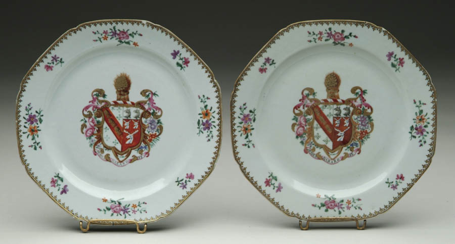 Appraisal: PAIR OF CHINESE EXPORT FAMILLE-ROSE ARMORIAL OCTAGONAL PLATES Circa Gilt