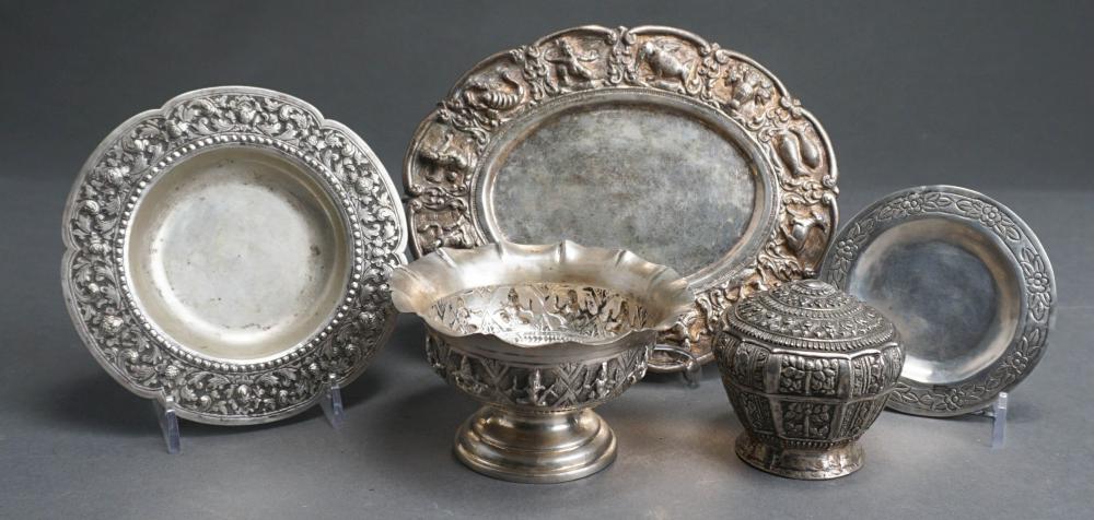 Appraisal: THREE TESTED LOW-PURITY SILVER SALVERS A COMPOTE AND A BETEL