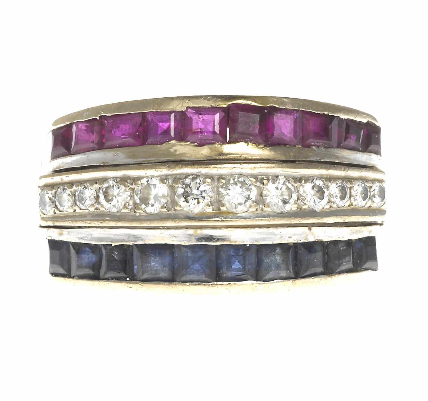 Appraisal: A sapphire ruby and diamond three-row band mounted in eighteen