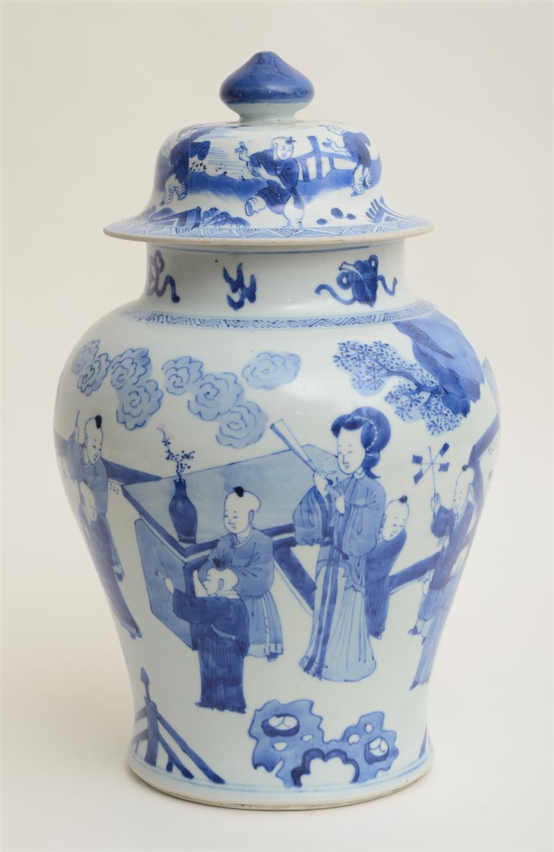 Appraisal: CHINESE BLUE AND WHITE PORCELAIN BALUSTER-FORM JAR AND COVER Marked