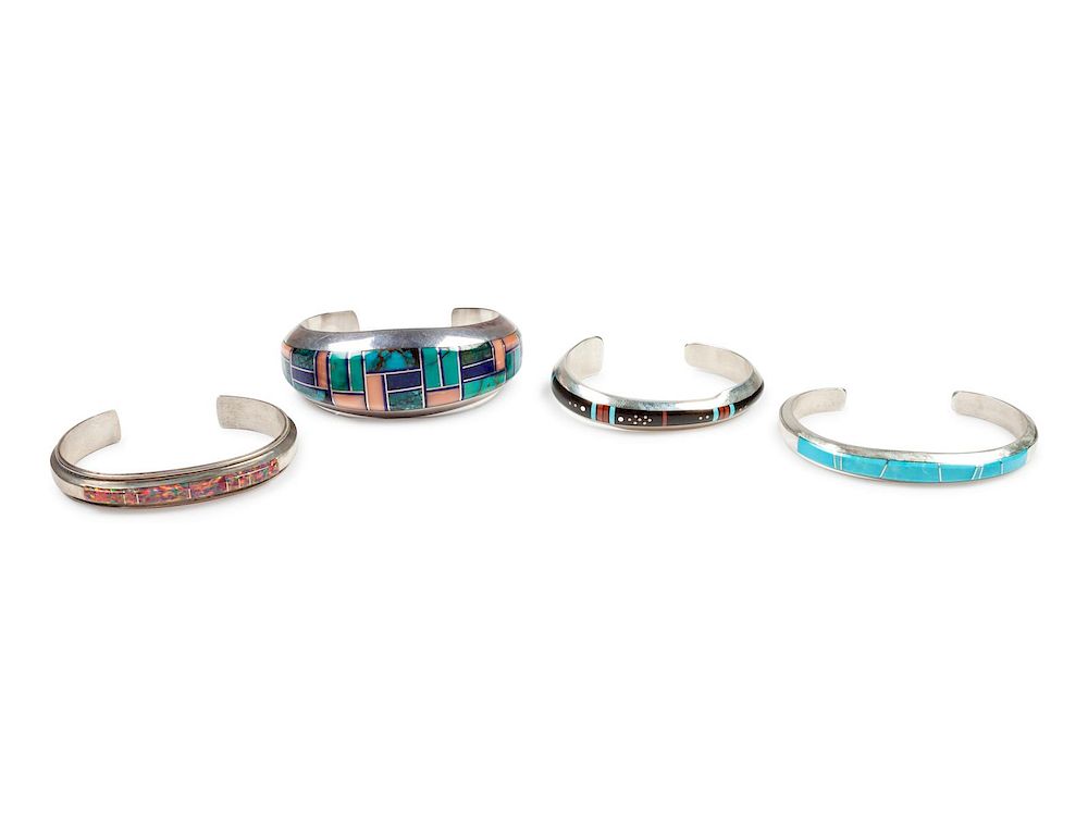 Appraisal: Four Native American Sterling Silver Bracelets with Flush Inlay Four