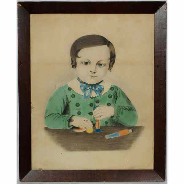 Appraisal: Folk Art Portrait of Boy with Toy American A th