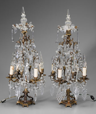 Appraisal: Pair eight-light candelabra brass and crystal hung with prisms in