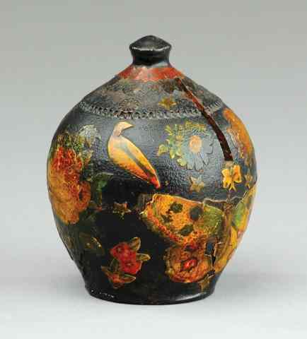 Appraisal: EARLY DECORATED POTTERY JUG STILL BANK Deep colors features extensive