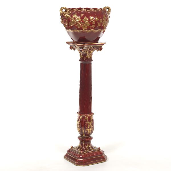 Appraisal: SARREGUEMINES JARDINIERE x Comprised of two parts with burgundy ground