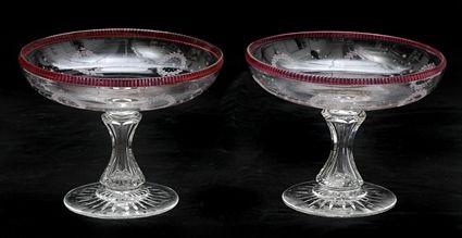 Appraisal: PAIR OF ENGLISH ENGRAVED GLASS STEMMED COMPOTES Each bowl with