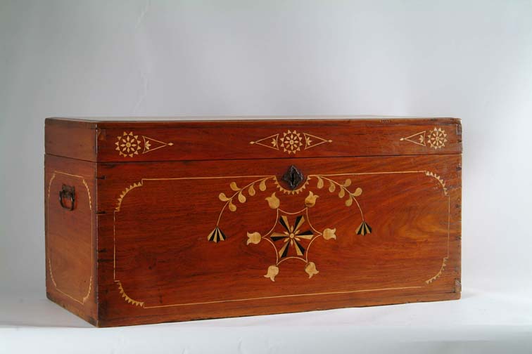 Appraisal: ANTIQUE INLAID SEAMAN S CHEST Teak or camphor wood with