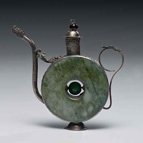 Appraisal: Chinese Silver Jade Ewer Chinese a silver ewer with jade