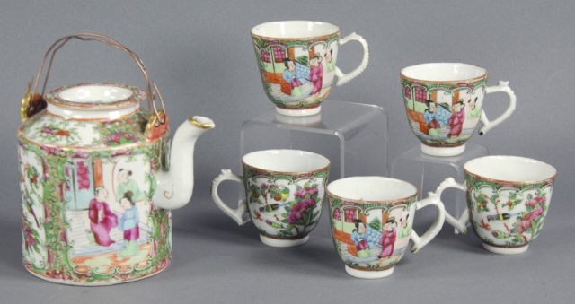 Appraisal: Rose Medallion Tea SetIncluding teapot and five cups Each decorated