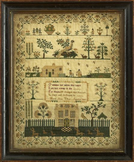 Appraisal: Fine English Embroidered Linen Sampler featuring registers of flowers and