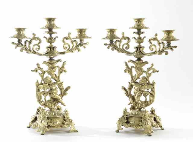 Appraisal: PAIR ORNATE GILT BRONZE CANDELABRA th century three lights above