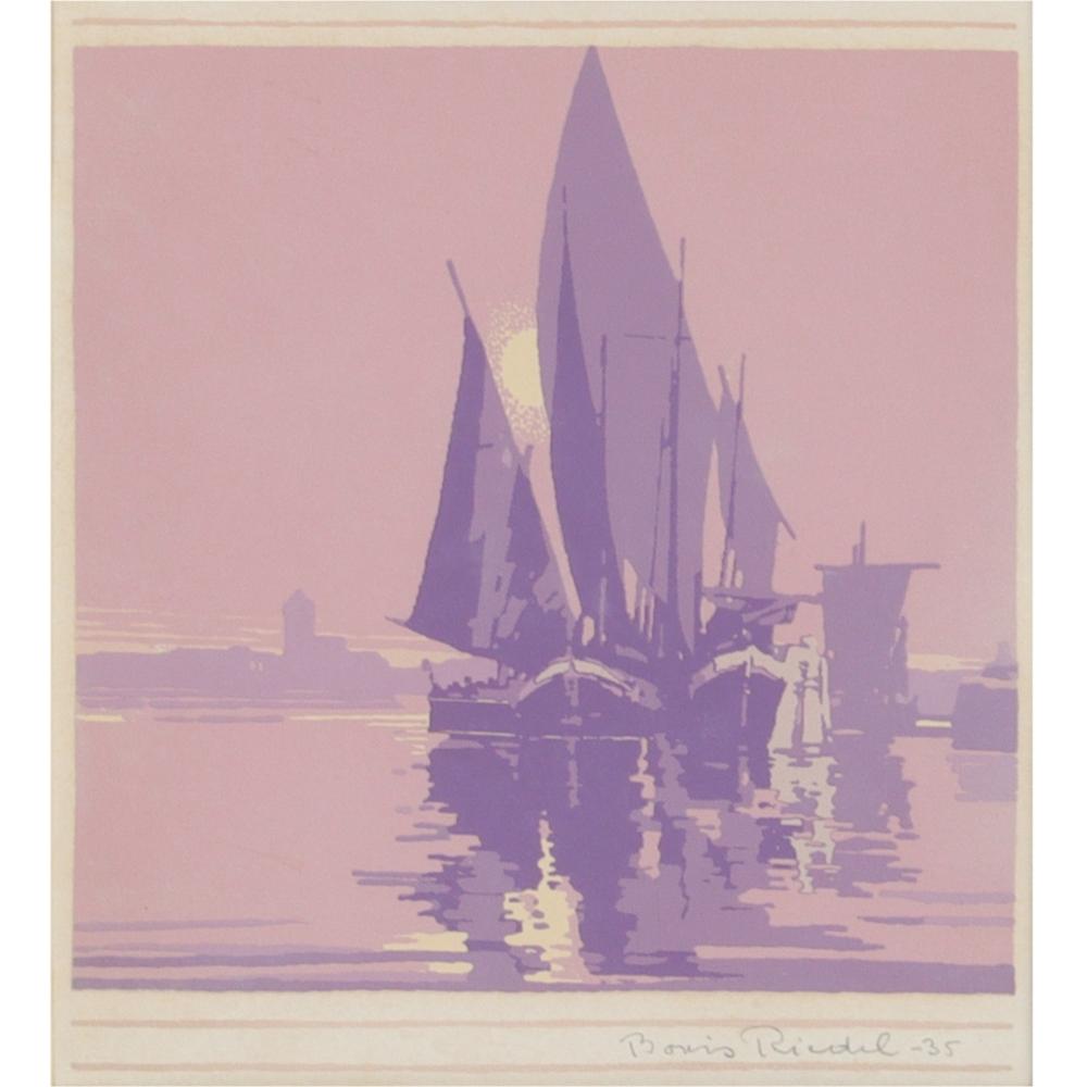 Appraisal: BORIS RIEDEL AMERICAN TH CENTURY UNTITLED SAILBOATS SERIGRAPH H X