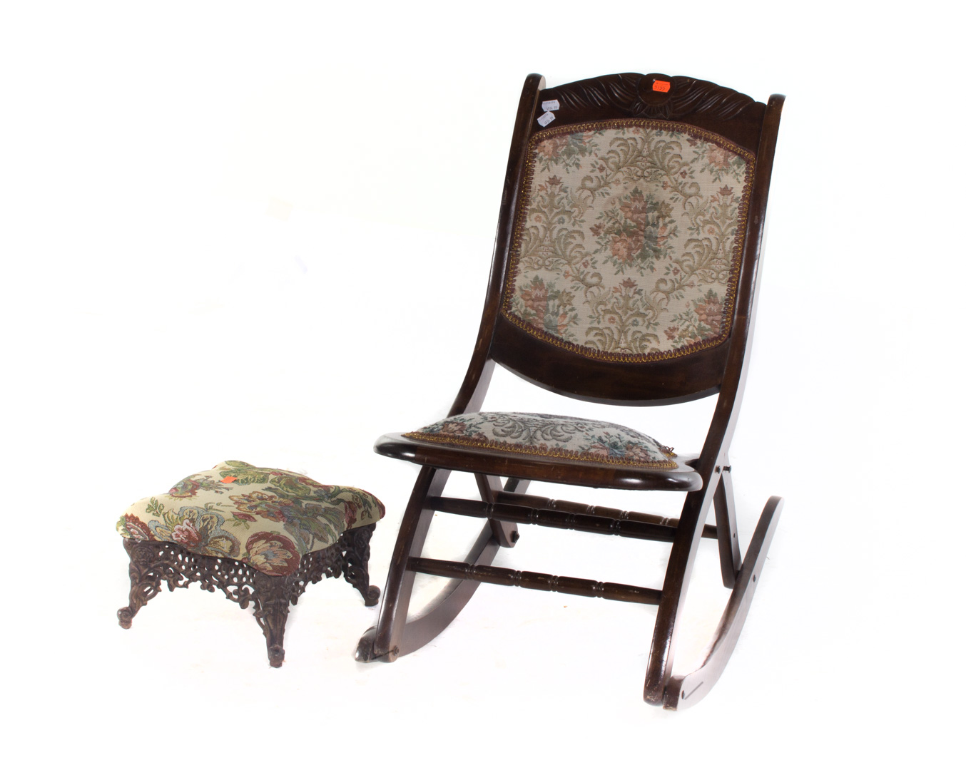 Appraisal: Victorian style stained wood rocker and stool folding rocker with