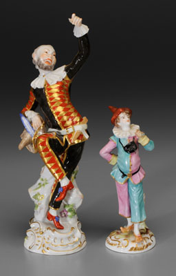 Appraisal: Two porcelain figures harlequin holding hat with blue feather blue