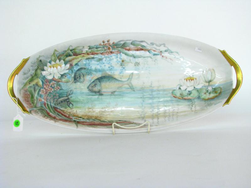 Appraisal: Limoges Porcelain Handled Fish Platter '' x '' oval artist