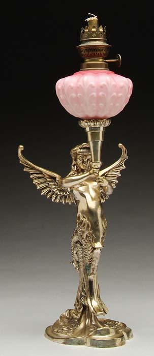 Appraisal: OUTSTANDING FIGURAL OIL LAMP Pink satin glass peg lamp font