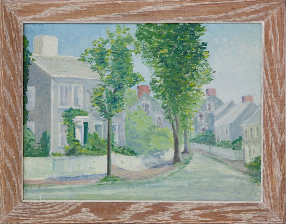 Appraisal: Estelle Coggins Oil on Artist Board Grey Houses Estelle Coggins