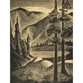 Appraisal: Galgiani Woodcut Print Framed woodcut print Hidden Lake by Galgiani