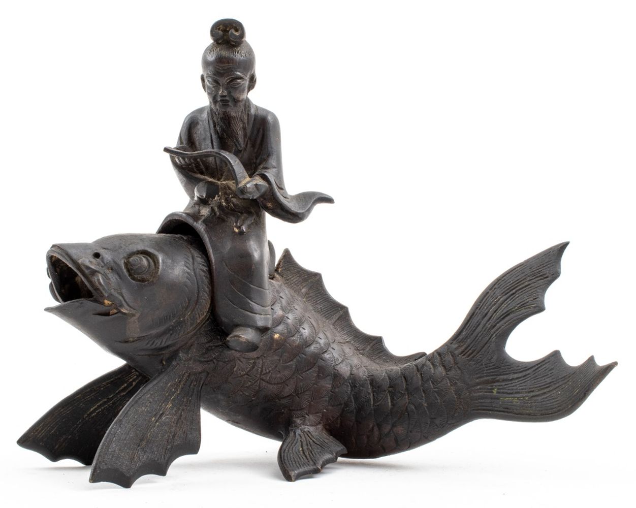 Appraisal: JAPANESE MEIJI BRONZE SCHOLAR ON KOI FORM CENSER Japanese Meiji