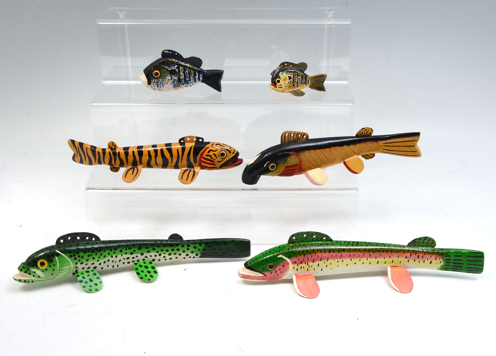 Appraisal: SIX LEONARD NELSON HAND-CARVED AND PAINTED FISH DECOYS Trout ''