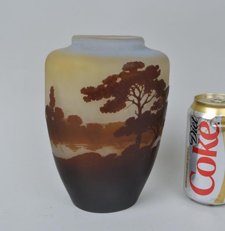 Appraisal: Galle Cameo Art Glass Landscape Vase with scenic lake and