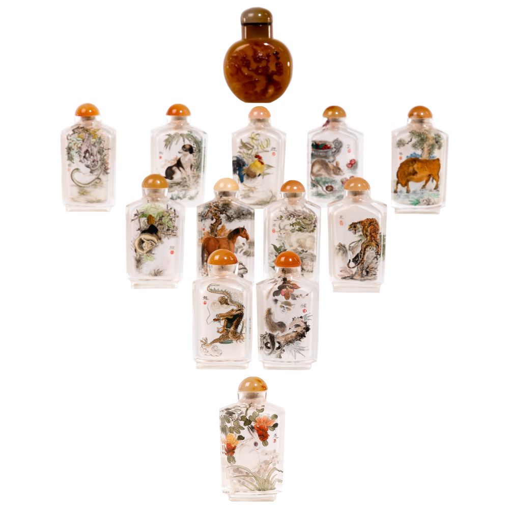 Appraisal: ASIAN SNUFF BOTTLE ASSORTMENT items including brown agate snuff bottle